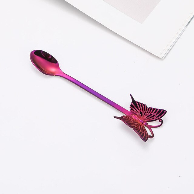 Dessert Cake Fork Stainless Steel Coffee Spoon Butterfly Fruit Fork Milk Shake Spoon Reusable Spoon Smoothie Spoon: Purple-Spoon