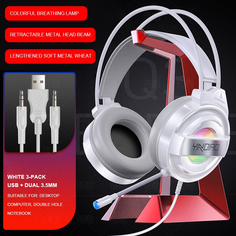 Wireless&Wired Bluetooth headphone with microphone Gaming headset Surround Sound Stereo with USB Light headphone for pc gamer: 3.55White