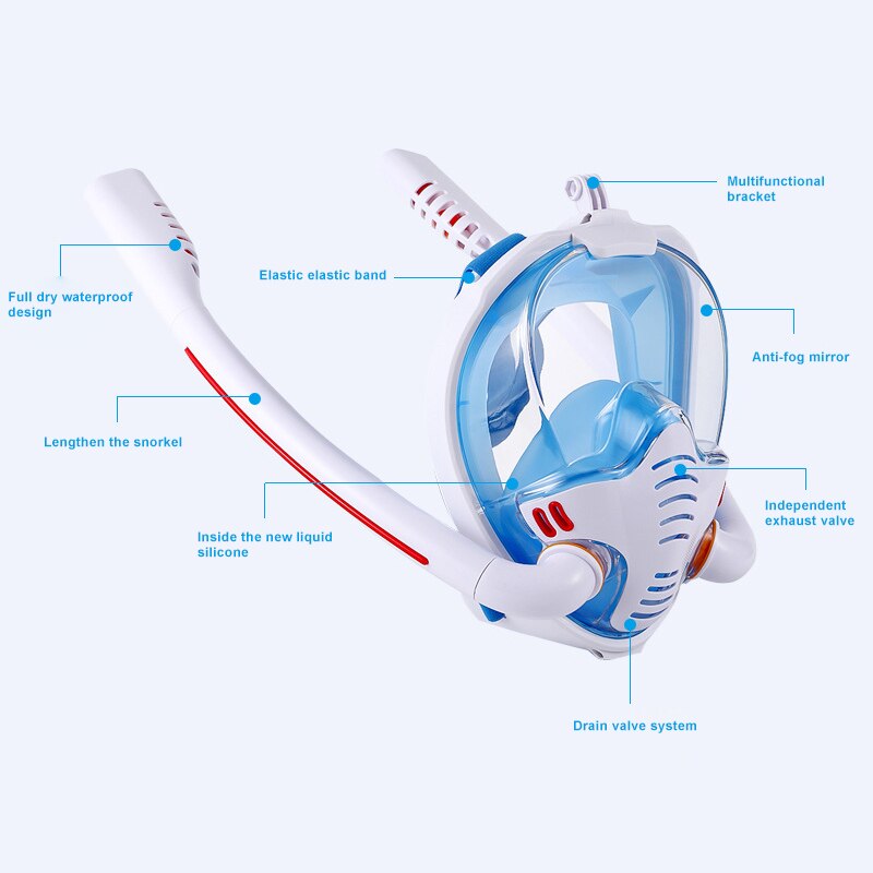 Full Face Snorkel Mask with Detachable Camera Mount 180 Degree Panoramic HD View Anti-Fog Anti-Leak Snorkeling Gear CMG7