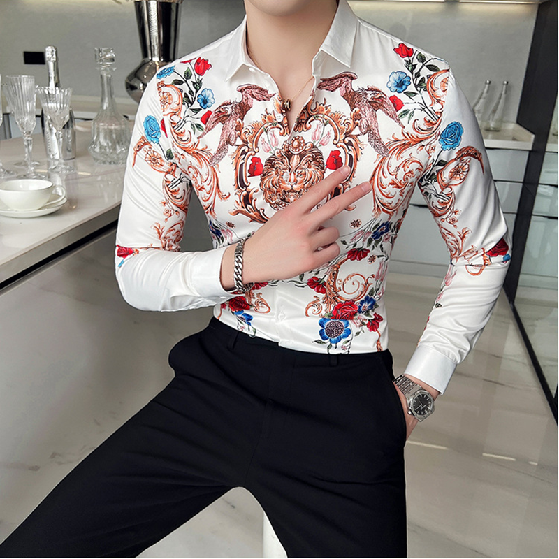 Camisas con estampado dorado de lujo para hombre, camisa informal de manga larga, ajustado para Social esmoquin, camisas de vestir para oficina de negocios de talla grande 4XL-M