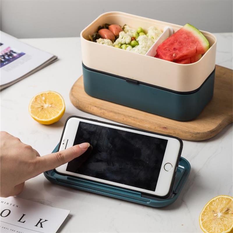 1000ml Portable 2 Layers Bento Box Food Container Plastic Leakproof Keep Warm Lunch Box Microwave Food Storage Box With Spoons