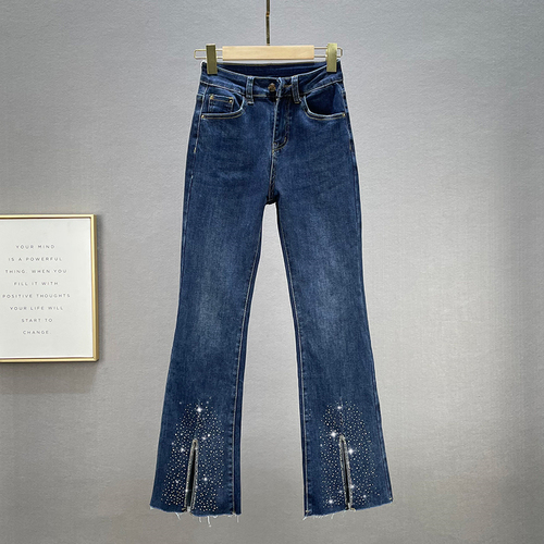Jean fendu bleu foncé pour femme, slim, taille haute, évasé, élastique, automne: Dark Blue / 30