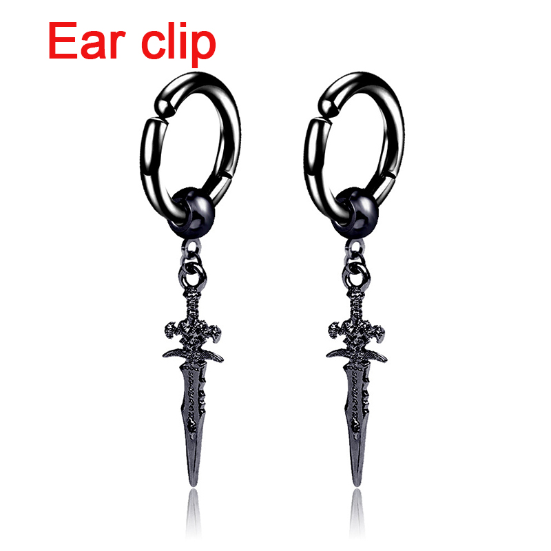 Pop Punk Zwaard Hanger Oor Clip/Gesp Oorbellen voor Mannen/Vrouwen Rvs Vintage Dolk Gothic Cool Party sieraden: Roest Rood