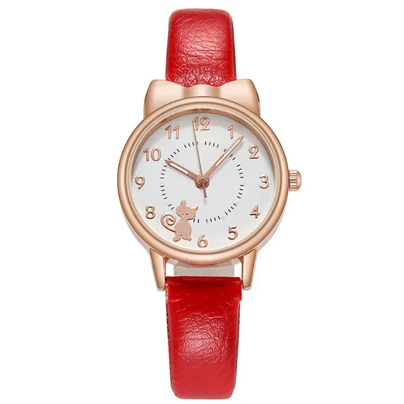 2024 Kinderen Horloge Kat Quartz Horloges Klokken Meisjes Leuke Cartoon Horloge Lichtgevende Pointer Kinderen Horloges voor Vrouwen Relogio: Rood