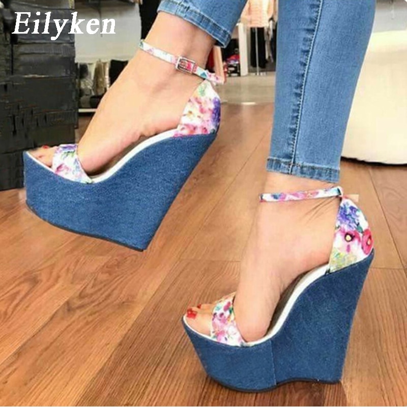 Eilyken Print Denim Sandalen Romeinse Sandalen Wiggen Hoge Hakken Peep-Toe Platform Schoenen Vrouw