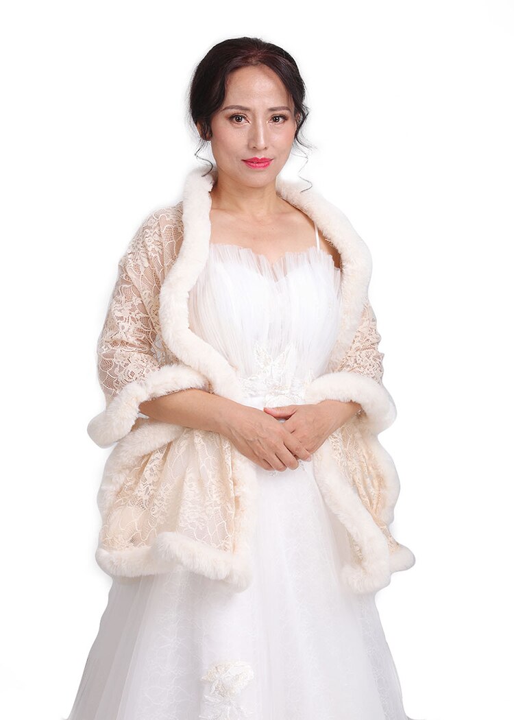 Women bolero Trendy Soft Rice white Shawls Lace Cloak Faux Fur Short plush outwear shrugs for ladies Wedding Bridal cape dress
