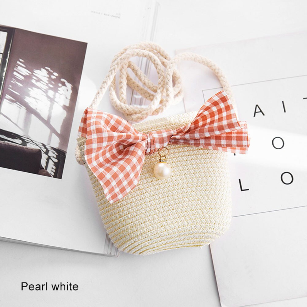 Girls Mini Handbag Handmade Straw Tote Large Capacity Summer Beach Shoulder Bag Party Shopping Best -WT: White pearl