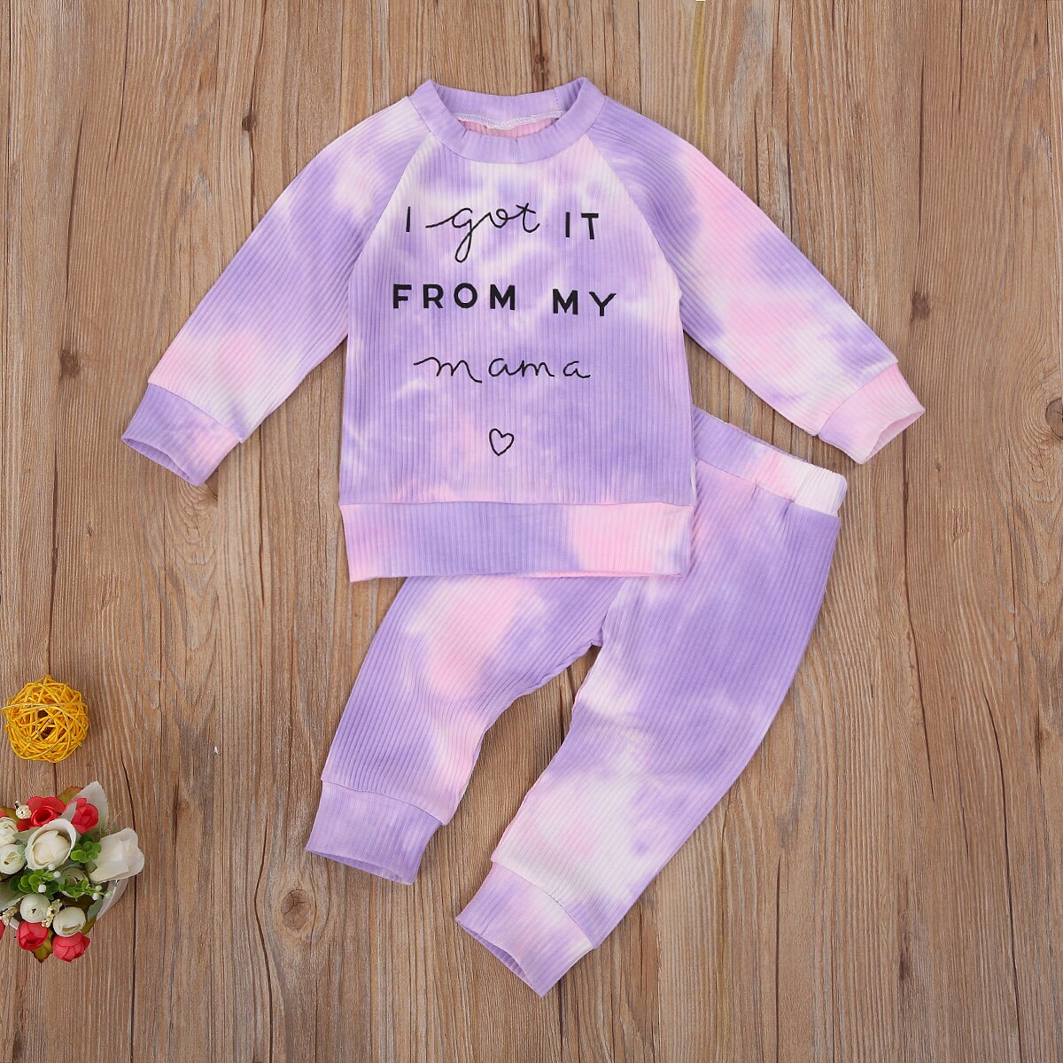 2 Stuks Kinderen Pak Set, tie-Dye Print Geribbelde Kleding Ronde Hals Lange Mouw T-shirt + Broek 1-5Years Lente Herfst Outfits