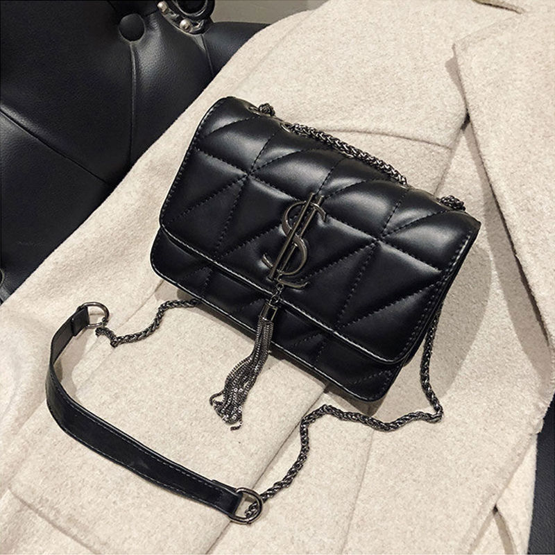 Gewatteerde Lederen Ketting Crossbody Tassen Voor Vrouwen Mode Kwastje Schoudertassen Alle Match Messenger Bag Portemonnees En Handtassen: Black Black Label