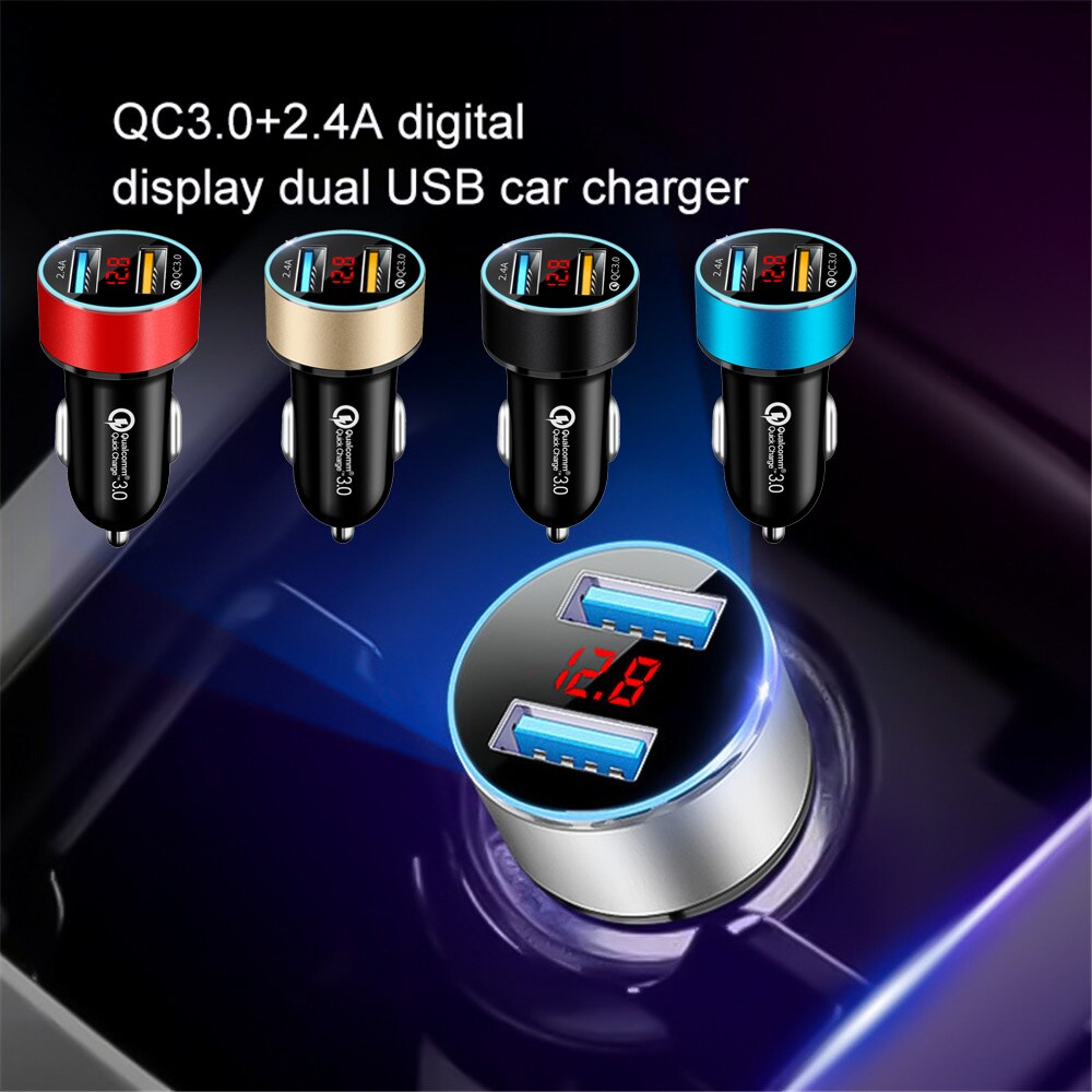 QC3.0 + 2.4A Sigarettenaansteker Aansteker Dual Usb Autolader Lcd Display Car Voltage 12-24V Snel Opladen power Usb Adapter