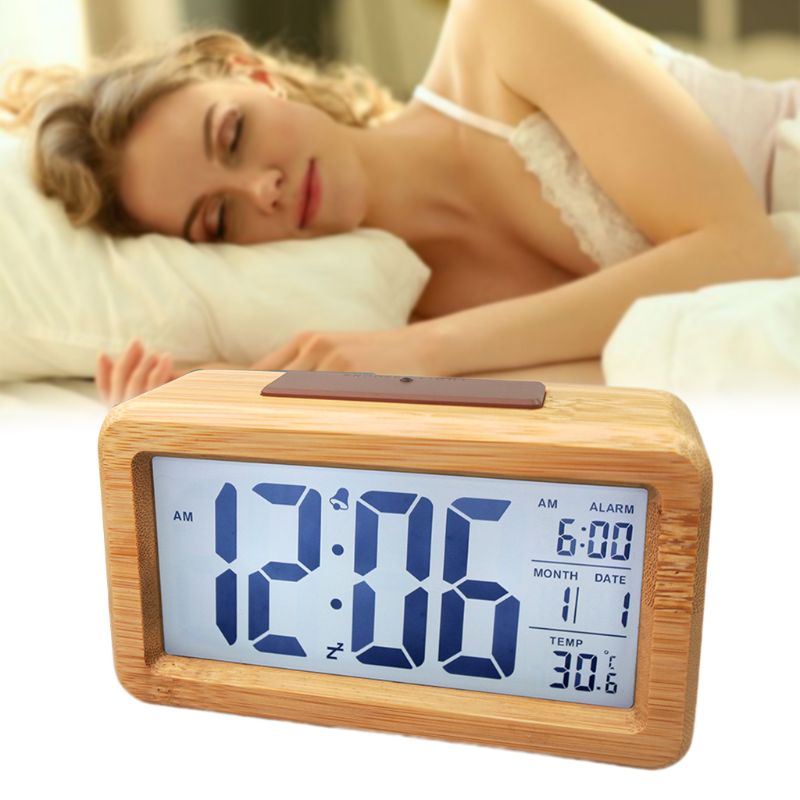 Easy Setting Wooden Digital Alarm Clock with Temperature, Date, Backlight, Snooze Functions for Bedroom Non Ticking