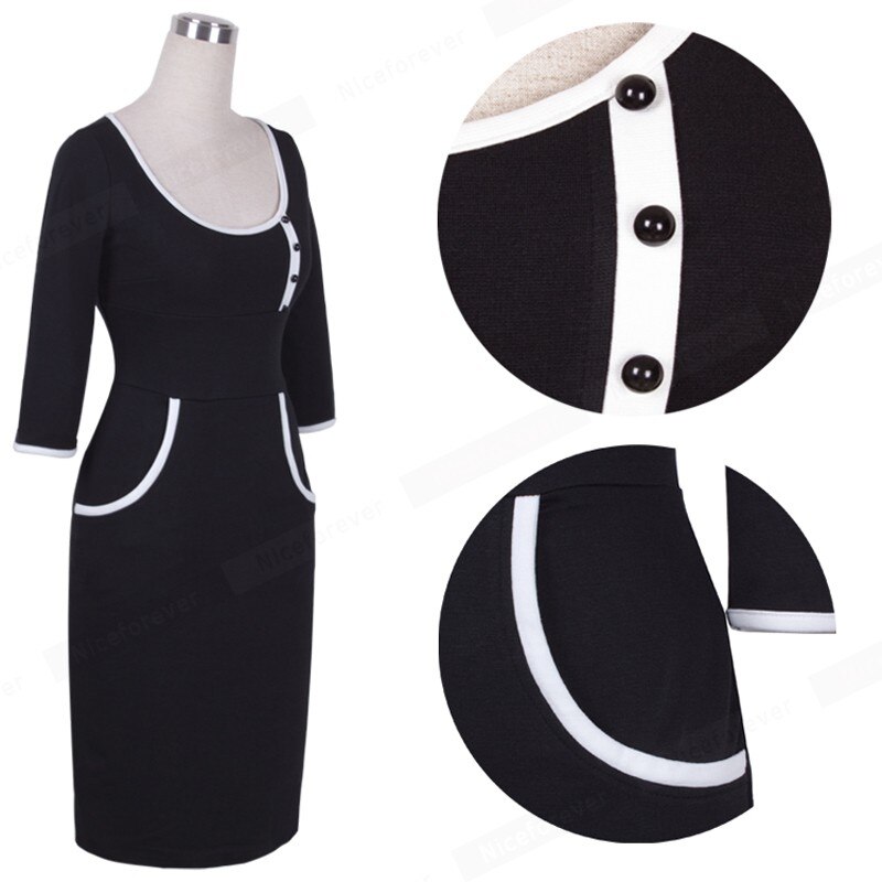 Nice-forever Vintage contraste couleur Patchwork robes de bureau affaires moulante ajusté femmes robe G623