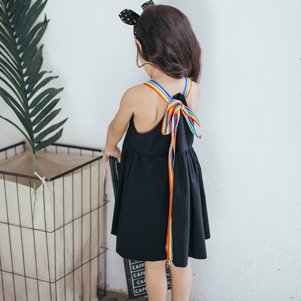 Children Clothing Girls Rainbow Strap Simply Black Cotton Dress Lovely Casual Kids Summer Dress