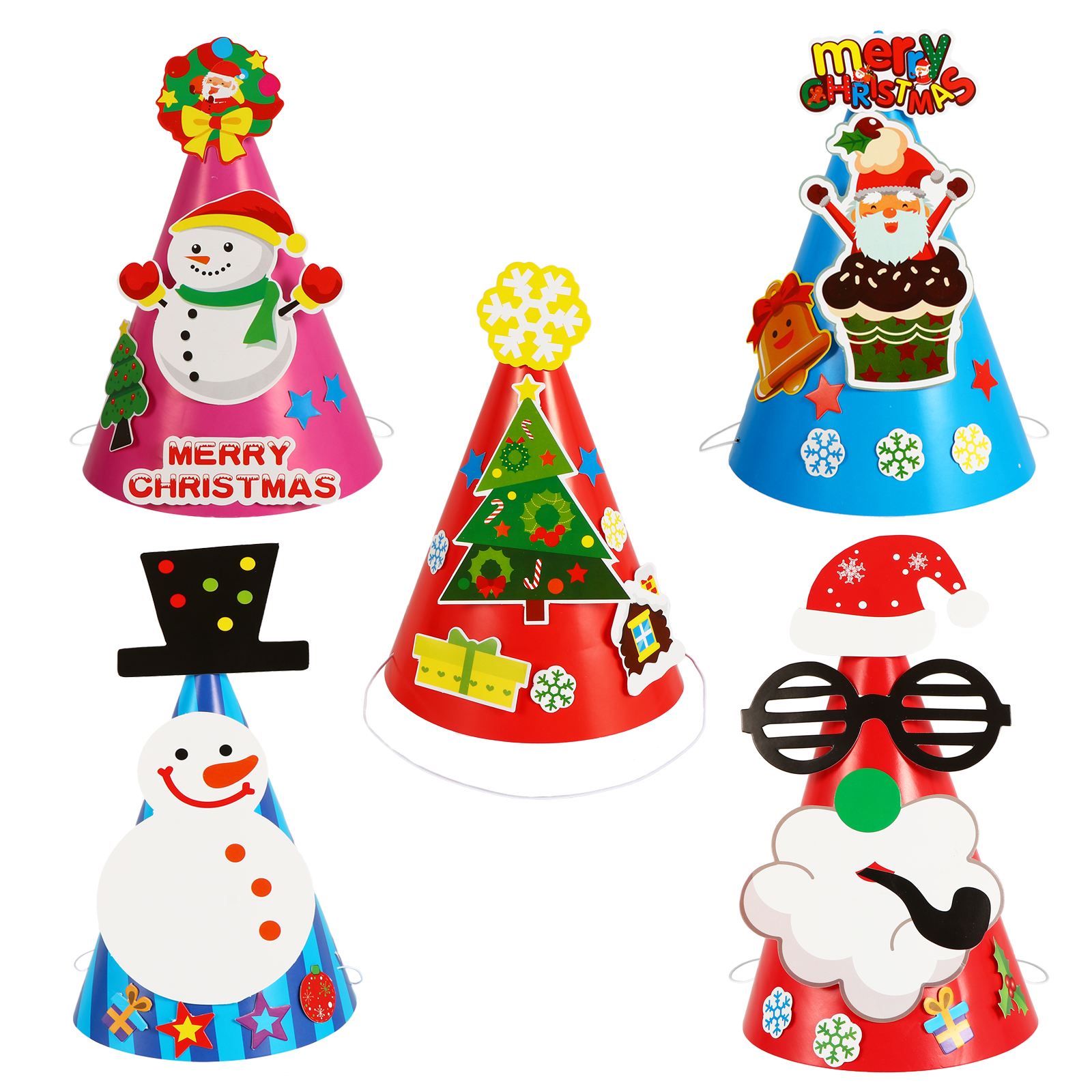 5pcs Christmas Theme DIY Craft Materials Novel Paper Hat Decor Hats Making Kits DIY Hat Kits for Kids Xmas Handicrafts