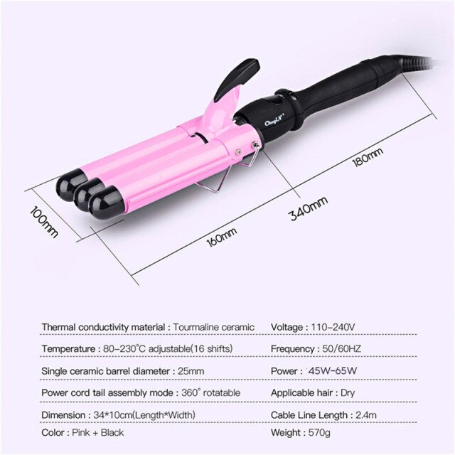 22mm 25mm 32mm 3 Barrels Hair Curler Wave Curler Ceramic Curling Iron LCD Display Perm Splint Roller Big Wave Hair Styling Tool: 25mm