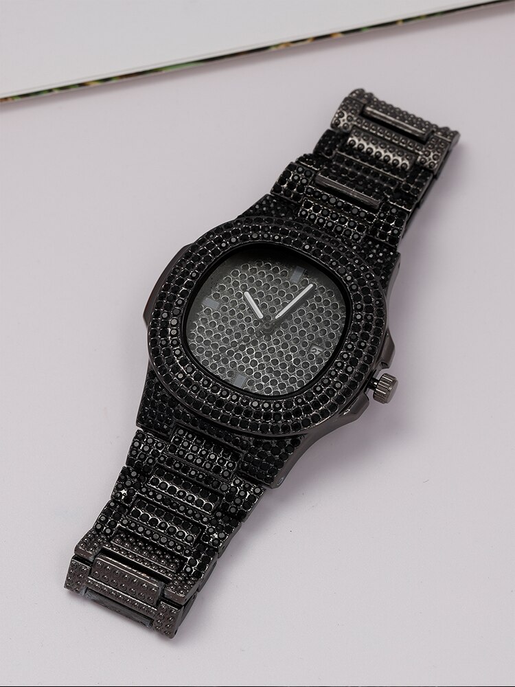 1 Stück Business Kalender Männer voller Diamant schwarz Stahl Band Quarzuhr