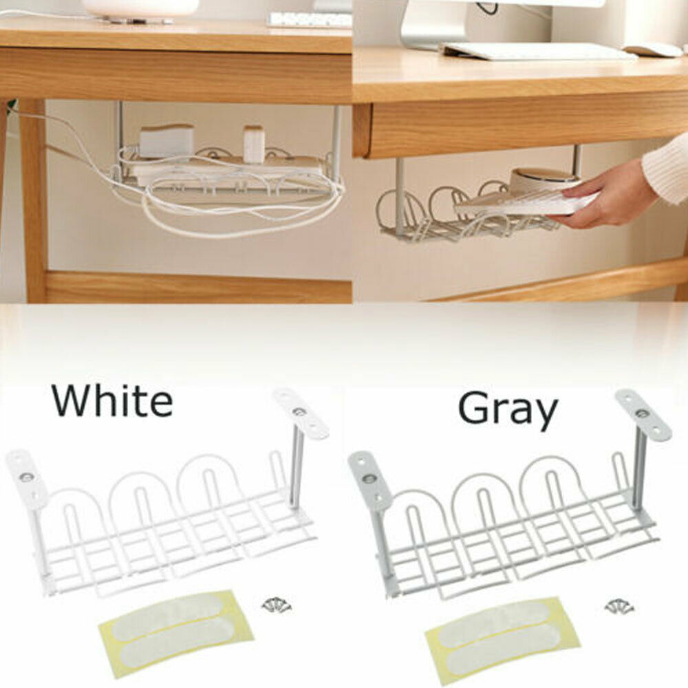 Under Desk Storage Rack Cable Management Tray Power Line Storage Organizer Wire Cord Charger Plugs Home Office Suction Wall