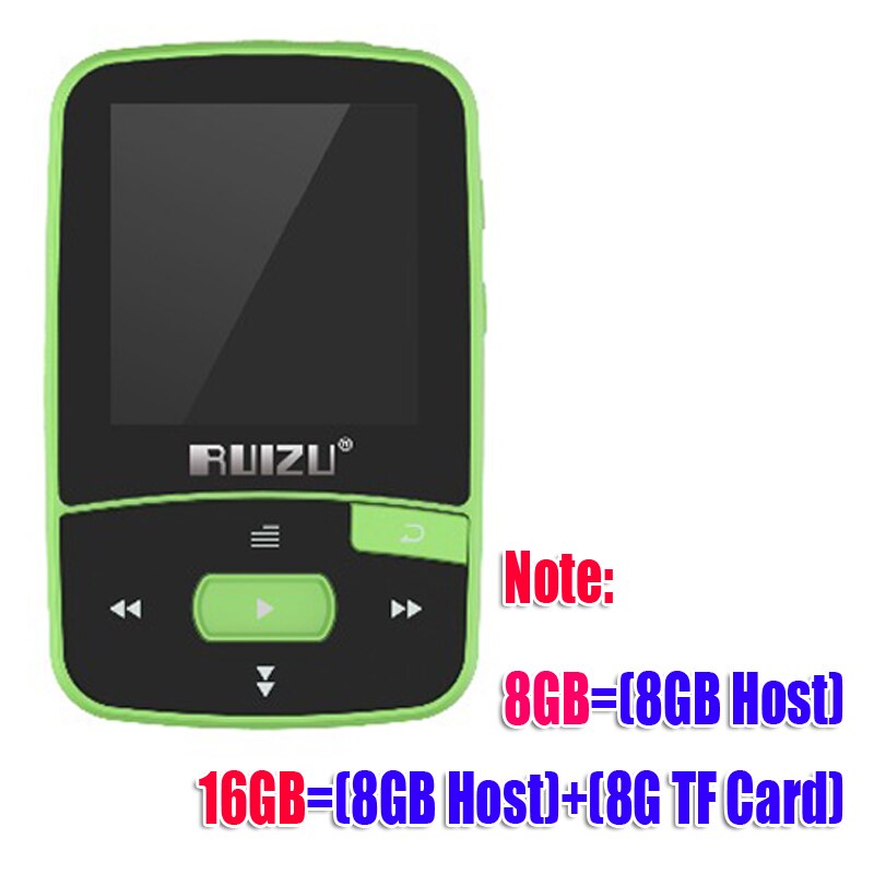 RUIZU X50 Sport Bluetooth MP3 player 8GB mini clip, with screen support FM, recording, e-book, clock, pedometer, SD card, clip: CX-MP3-X50-Green / 16GB