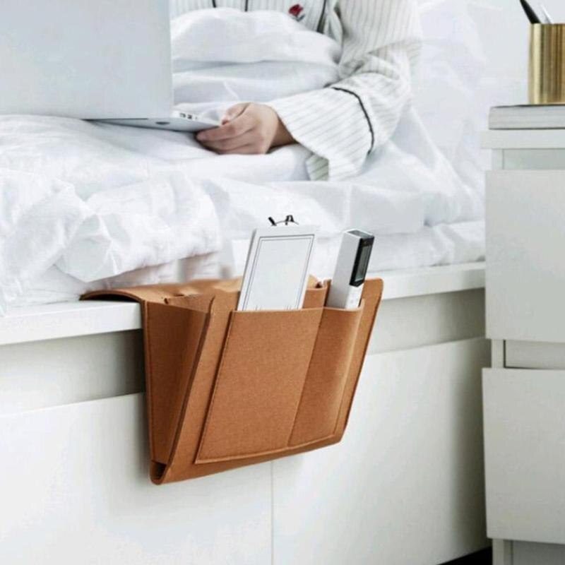 Opbevaringsarrangør filt sengetøj hængende opbevaringsposer mobiltelefon fjernbetjening diverse bog med 2 indvendige lommer til sengen