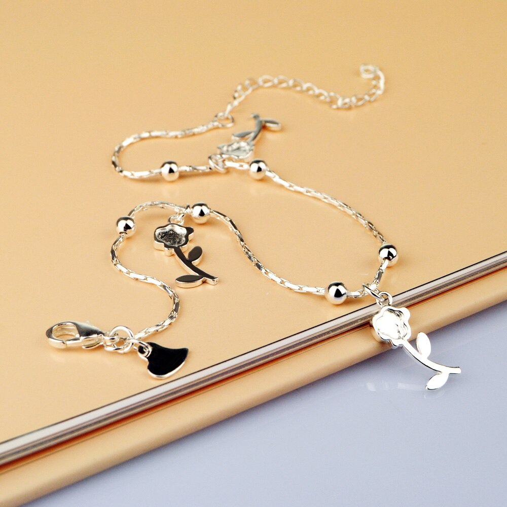 Einfache silber Rose anhänger fußkettchen 925 Sterling silber knöchel schmuck kühlen sandalen zubehör Original silber kette nicht verblassen