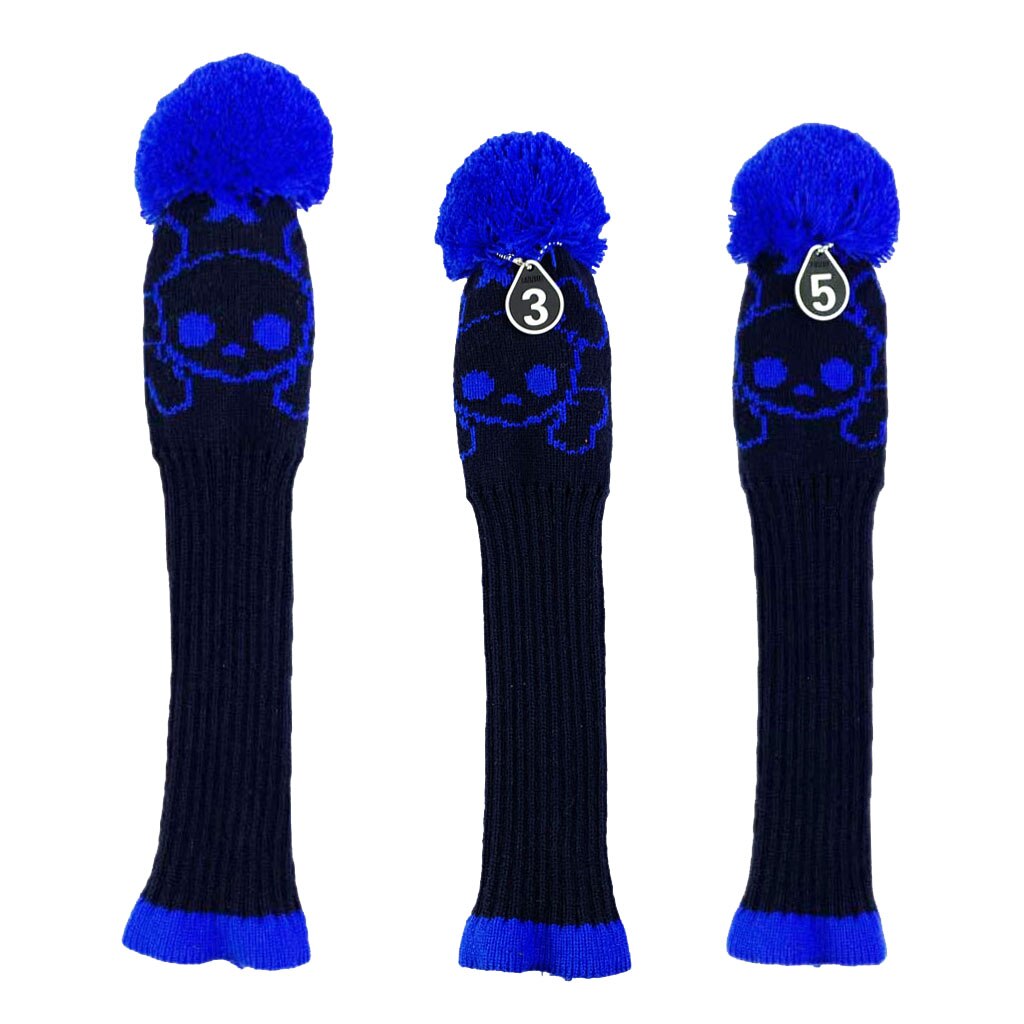 Stripes Knitted Golf Club Head Covers 3 Piece Set 1 3 5 Driver and Fairway HeadCovers with No. Tag: Black Blue