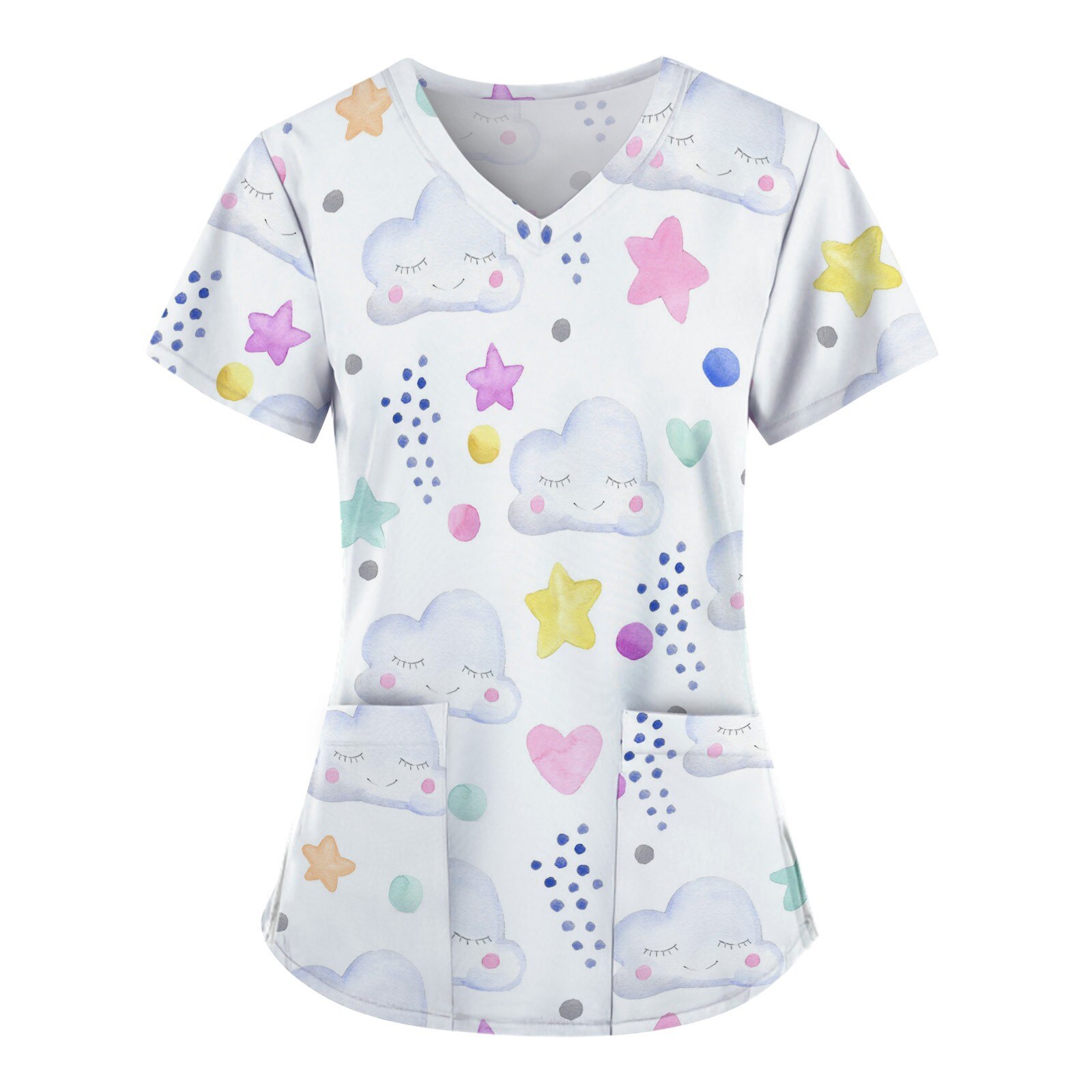 #E05 Female Nurse Uniform Short-sleeved V-neck Tops T Shirt Women Scrubs Uniforms Pocket Nursing Scrubs Tops Медицинская Одежда