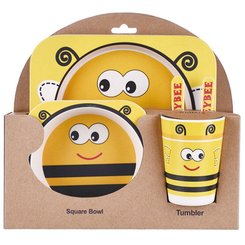 Baby Bamboe Voerbak Bpa Gratis Gerechten Vork Lepel Cup 5Pcs Serviesje Fad Kinderen Servies Kids Scheiding Voeden plaat: plum