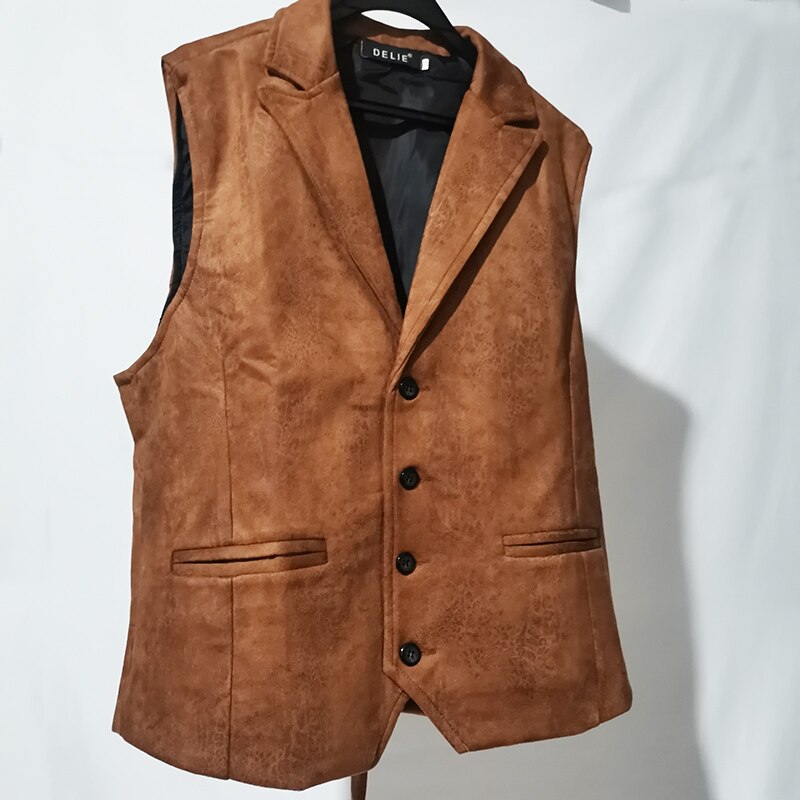 Waistcoat Men Vest Casual Faux leather leather Slim vest lapel classical Vintage gilet European style male: coffee / S