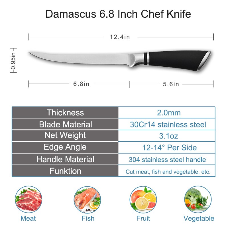 Couteau à désosser à lame tranchante couteau de cuisine en acier à haute teneur en carbone pour le filage de poisson: 6.8inch