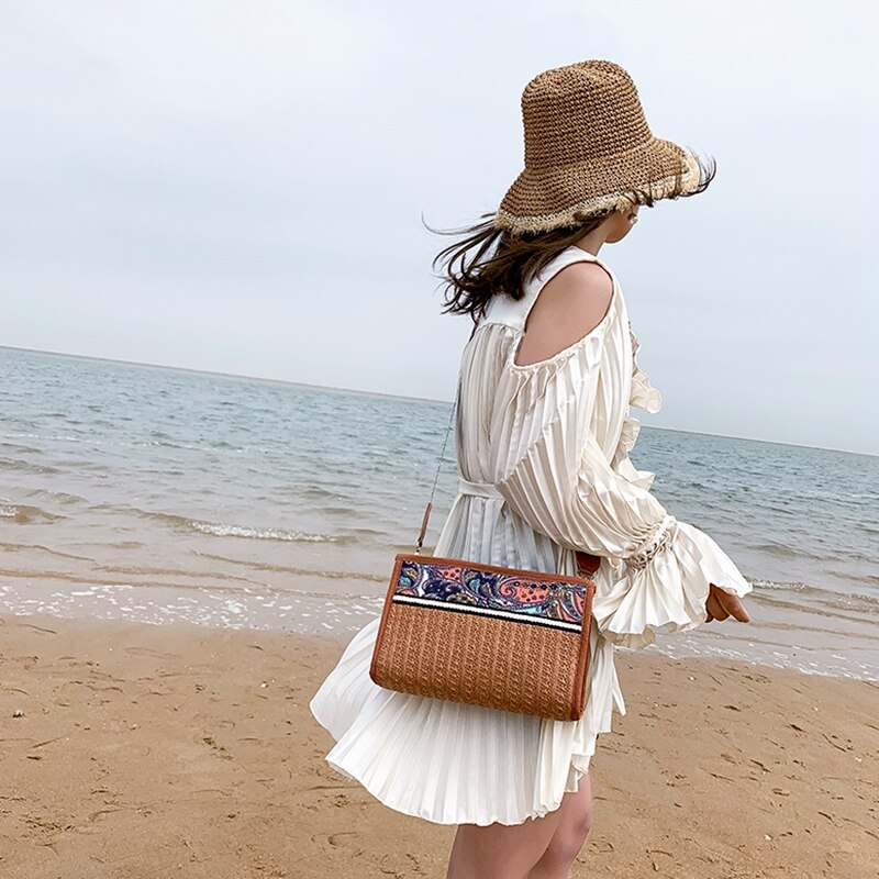 Bolso Boho de ratán, bolsa de paja para playa, bolso étnico de hombro para mujer con correa colorida, bolsos cruzados para mujer, marrón