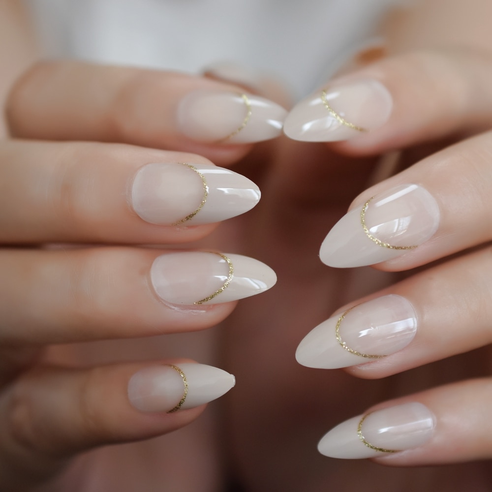 Faux ongles style français, , Beige, naturel, mi-stiletto, or, ligne de sourire, pointes de manucure conçues