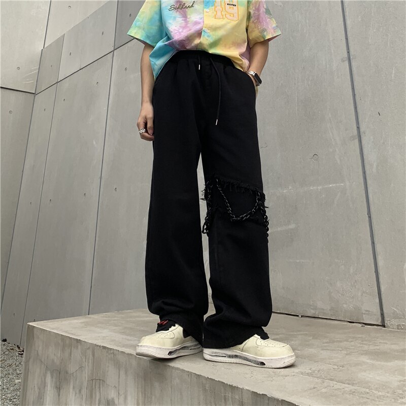 Harajuku Streetwear – pantalon Cargo décontracté avec chaîne au genou pour homme et femme, ample avec cordon de serrage