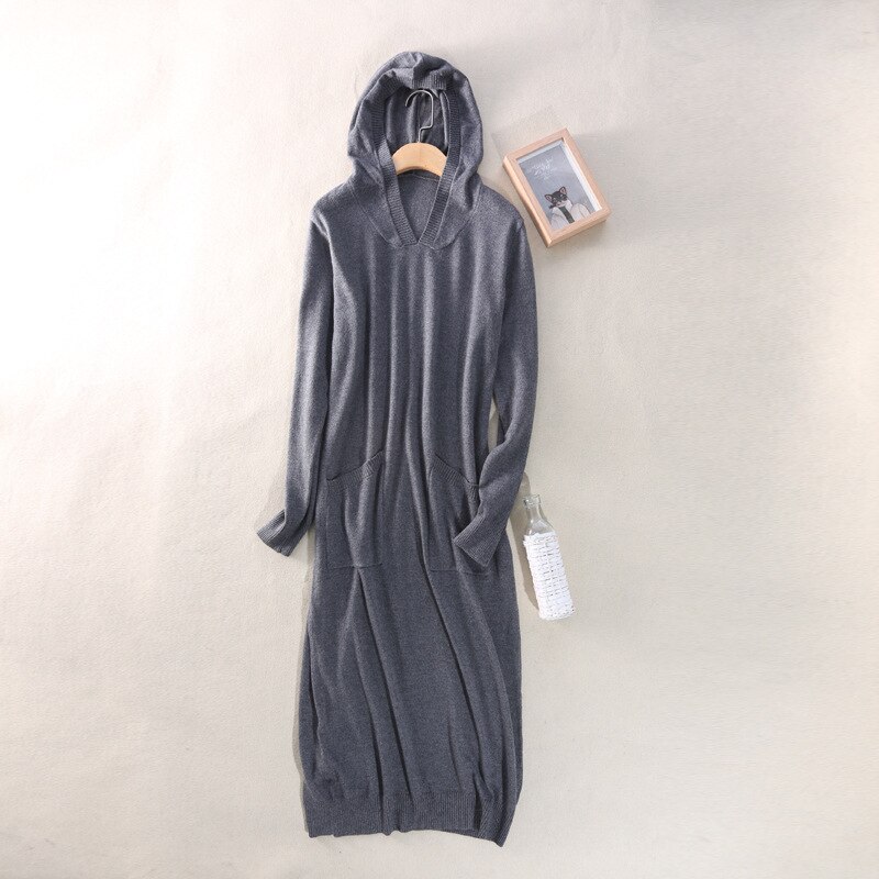 Autumn-Winter Women's Knitted Dress Fashionable casual dress in solid color with hood and long sleeves: Gray