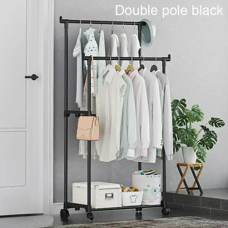 Double cintre Mobile étagère à vêtements tige unique vêtements sol chambre télescopique cintres de sol support de rangement