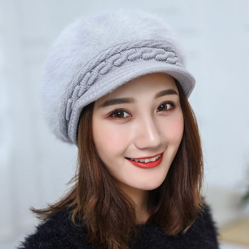 Women Warm Fleece Inside Twist Crochet Knitted Visors Cap Autumn Winter Brim Wool Hat Solid Color Soft Beanie Female: Gray