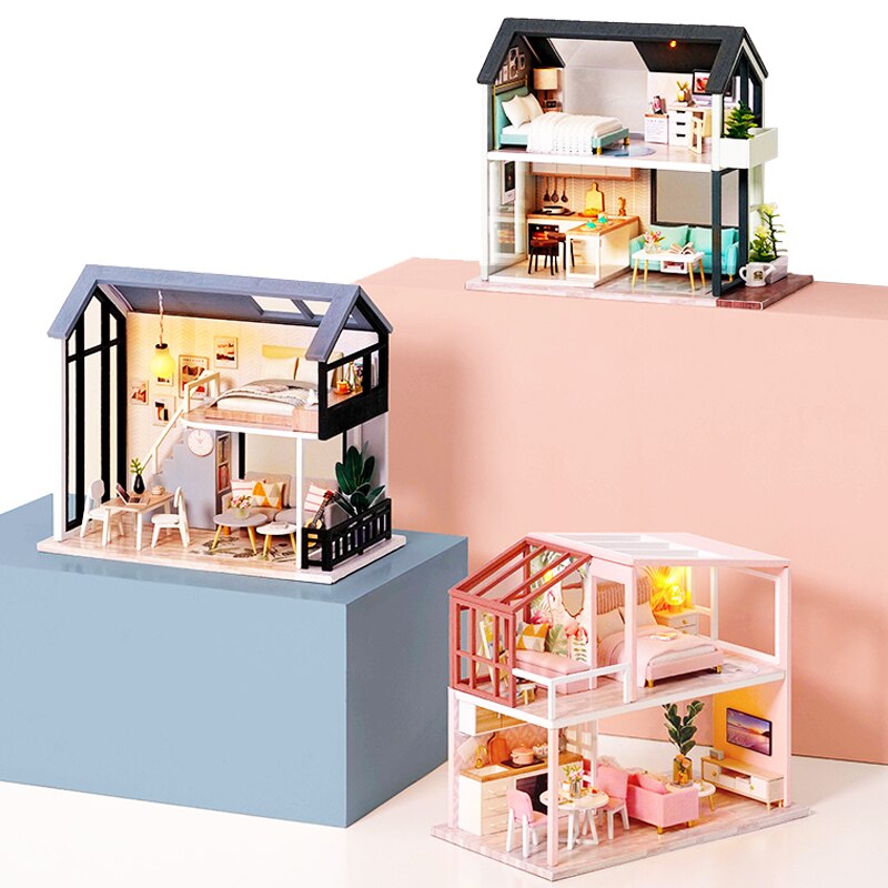 Diy Poppenhuis Casa Miniatuur Led Poppenhuis Loft Model Houten Meubels Decoratie Poppenhuis Speelgoed Voor Kinderen QL001-003