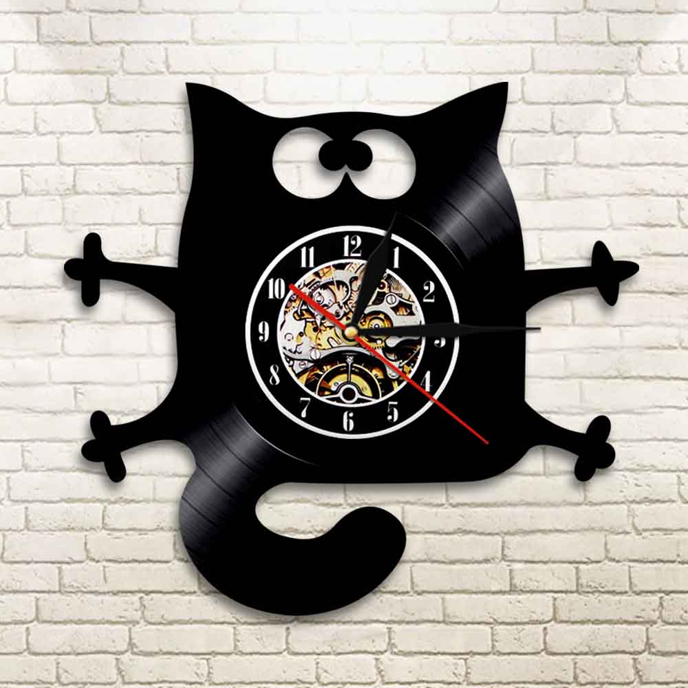 Cat Meow Wall Clock Funny Black Cat Home Decor Modern Vinyl Record Wall Clock Kitten Decorative Clock For Kitty Cat Lovers