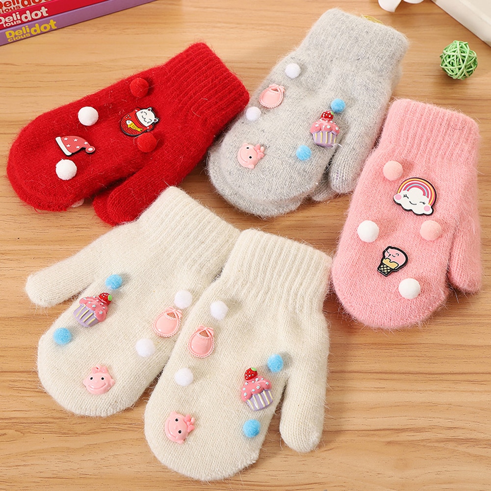 Bonito das crianças meninas meninos luvas de inverno mais quentes de lã crianças luvas de proteção de inverno forrado de pelúcia 1 pares 6-12years