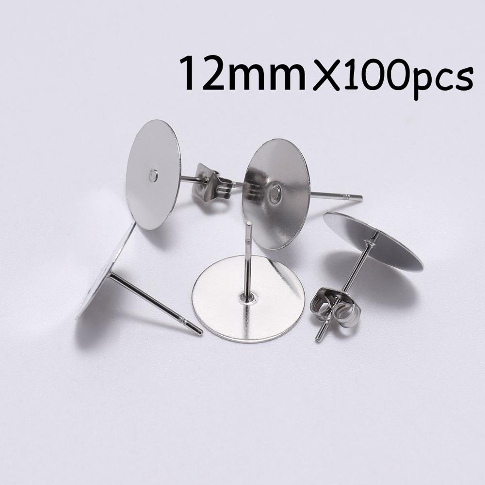 Lote de pendientes de poste de acero inoxidable blanco, 100 unidades, pasadores de Base con tapón para pendientes, reverso de oreja para joyería DIY, soporte de cabujón: 12mm X 100pcs