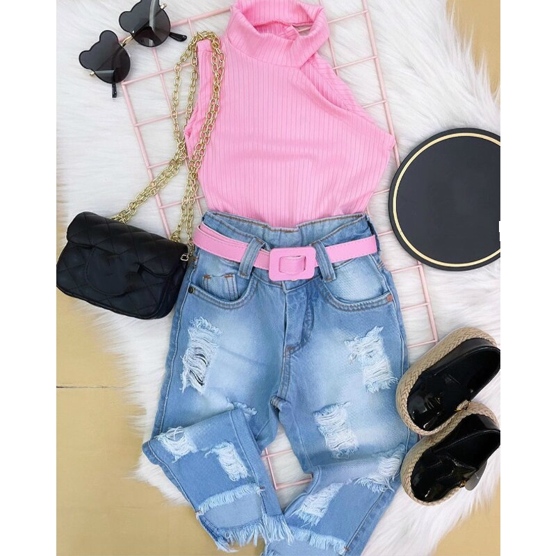 Conjunto de ropa de para niñas de 1 a 6 años, top de punto sin mangas con hombros descubiertos y pantalones vaqueros rasgados, ropa de verano para niñas