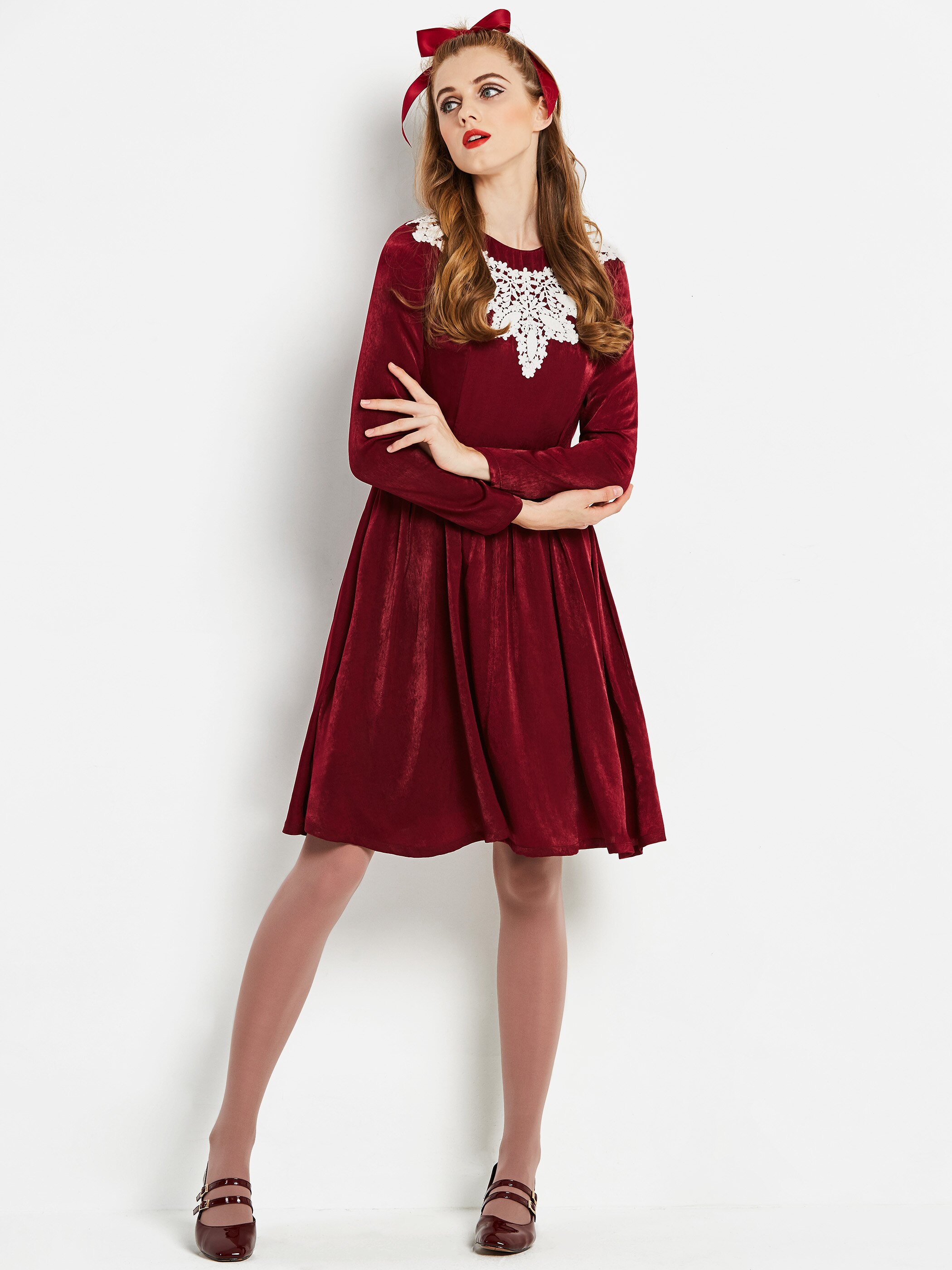 Vestidos por debajo de la rodilla elegantes para Casual Vintage dulce primavera Oficina para mujer Aline Zipper femenina Retro vestido Borgoña: L