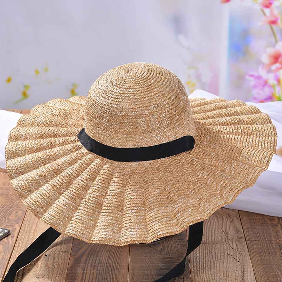 Sombrero Natural de ala ancha, sombreros ondulados con volantes, sombrero de paja de rafia, sombrero de playa con flecos para verano, sombrero tejido para el sol con cinturón blanco y negro