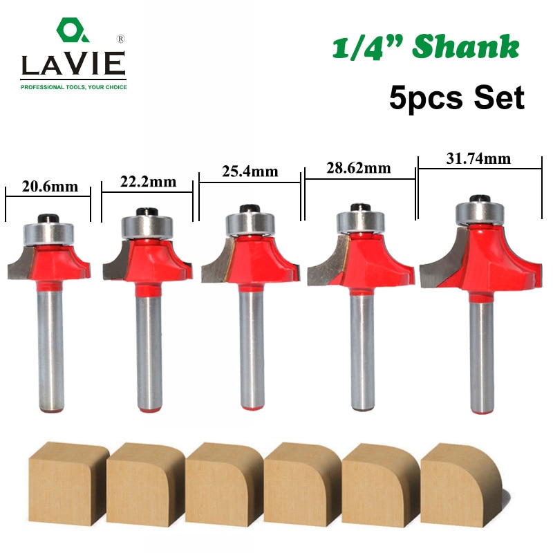 Mèche de défonceuse arrondie avec fraise à tige de 6mm, 1/4 ", pour le bois, nettoyage du bois, 5 pièces