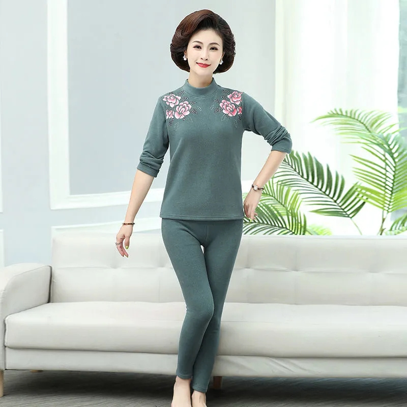Mama&#39;s De Velvet termiczna odzież garnitur zima w średnim wieku starszych kobiet Plus aksamitna gruba bielizna termiczna dwuczęściowy zestaw M429: pea green / 4XL