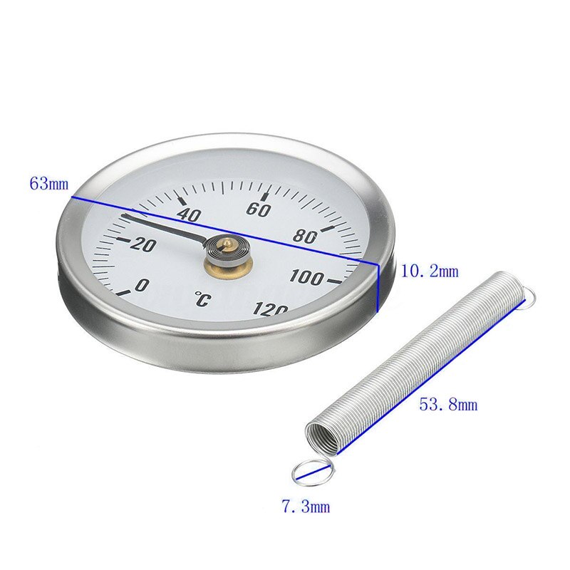 63mm 0-120 celsius clip-on rör urtavla termometer metall temperatur temperaturmätare med fjäder industriell termometer trädgård