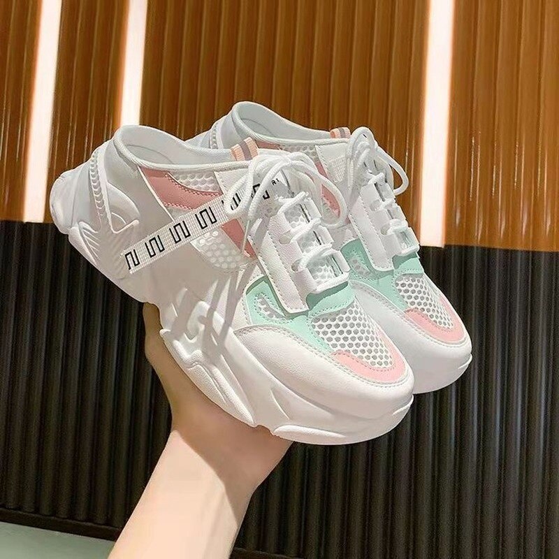 Neue Frauen Turnschuhe Hausschuhe Atmungsaktivem Gittergewebe lässig Maultiere Schuhe Weibliche Sneaker Spitze hoch Freizeit Frauen Vulkanisieren Rutschen