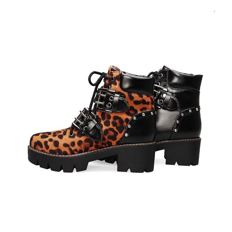 Morazora klassiska dam ankelboots spänne nit leopard fyrkantiga klackar plattformsstövlar höst vinter punk skor kvinna
