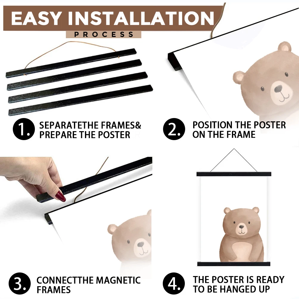 DIY Magnetic Wood Poster Frame Teak/Pine Photo Hangers Hanging Kit for Pictures Canvas Prints Poster Scroll Artwork Print Holder