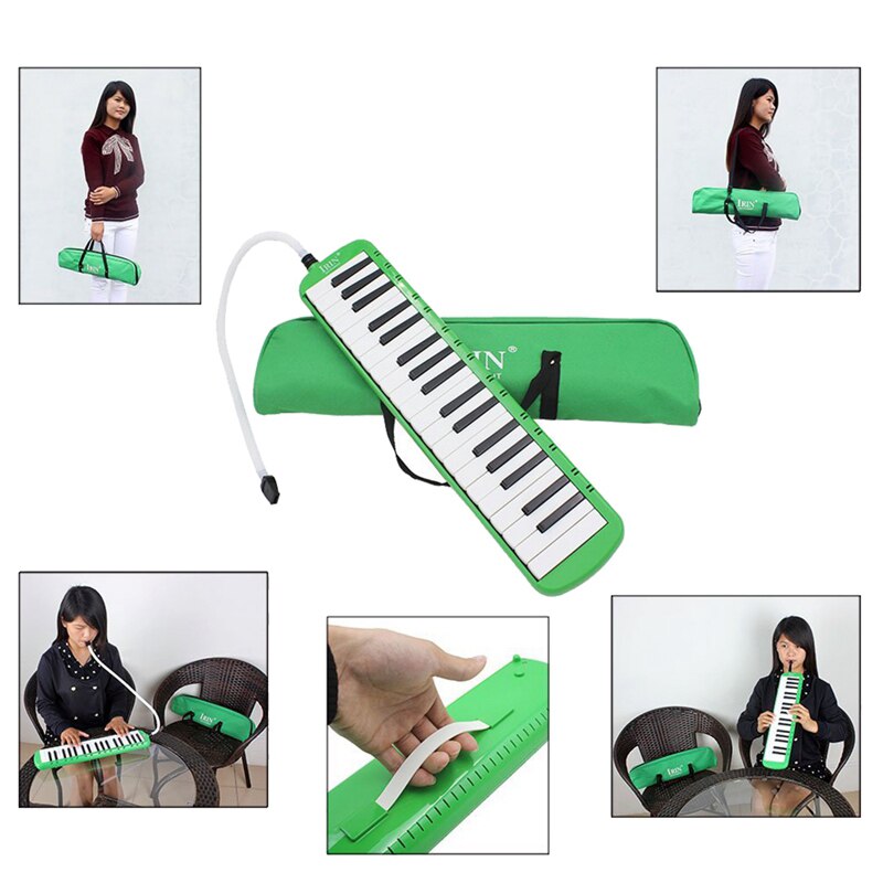 Irin 37 melodica tangenter melodiskt musikinstrument med bärväska för studenter nybörjare barn grön