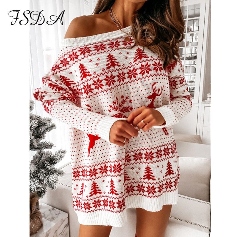 FSDA Women Christmas Sweater Dress Autumn Winter Long Sleeve Off Shoulder Kniteed Casual Pullover Oversized Jumper